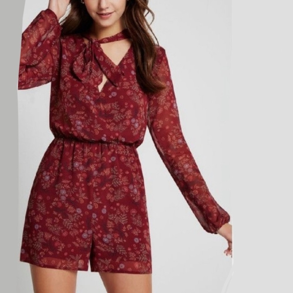 BCBGeneration Wine Red Long Sleeve Floral Romper Sz XXS